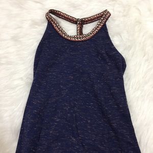 Navy knit dress w/ braided straps & halter neck